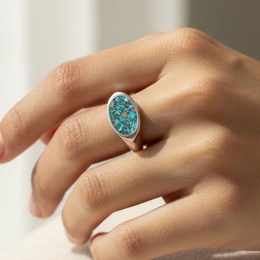 Sterling Silver Cast Oval Signet Ring - Turquoise and 14ct gold inlay
