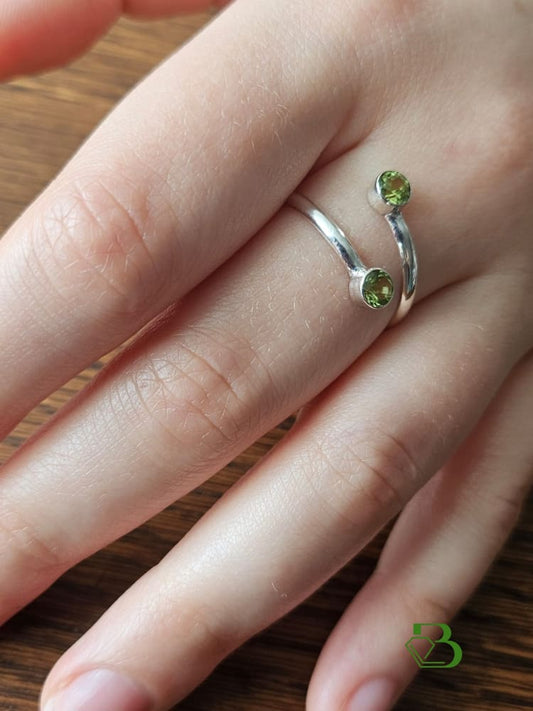Sterling Silver Adjustable Peridot Ring - Side Hand View