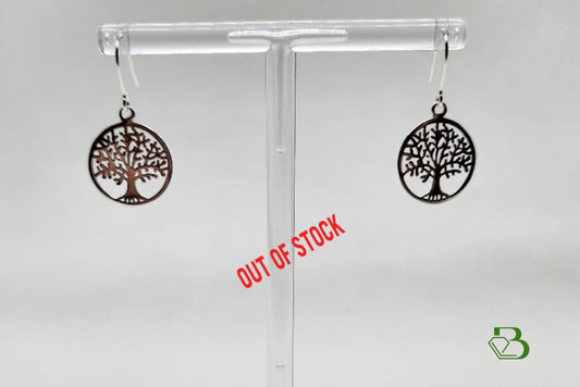 Sterling Silver Tree of Life Drop Earrings on a Display Stand